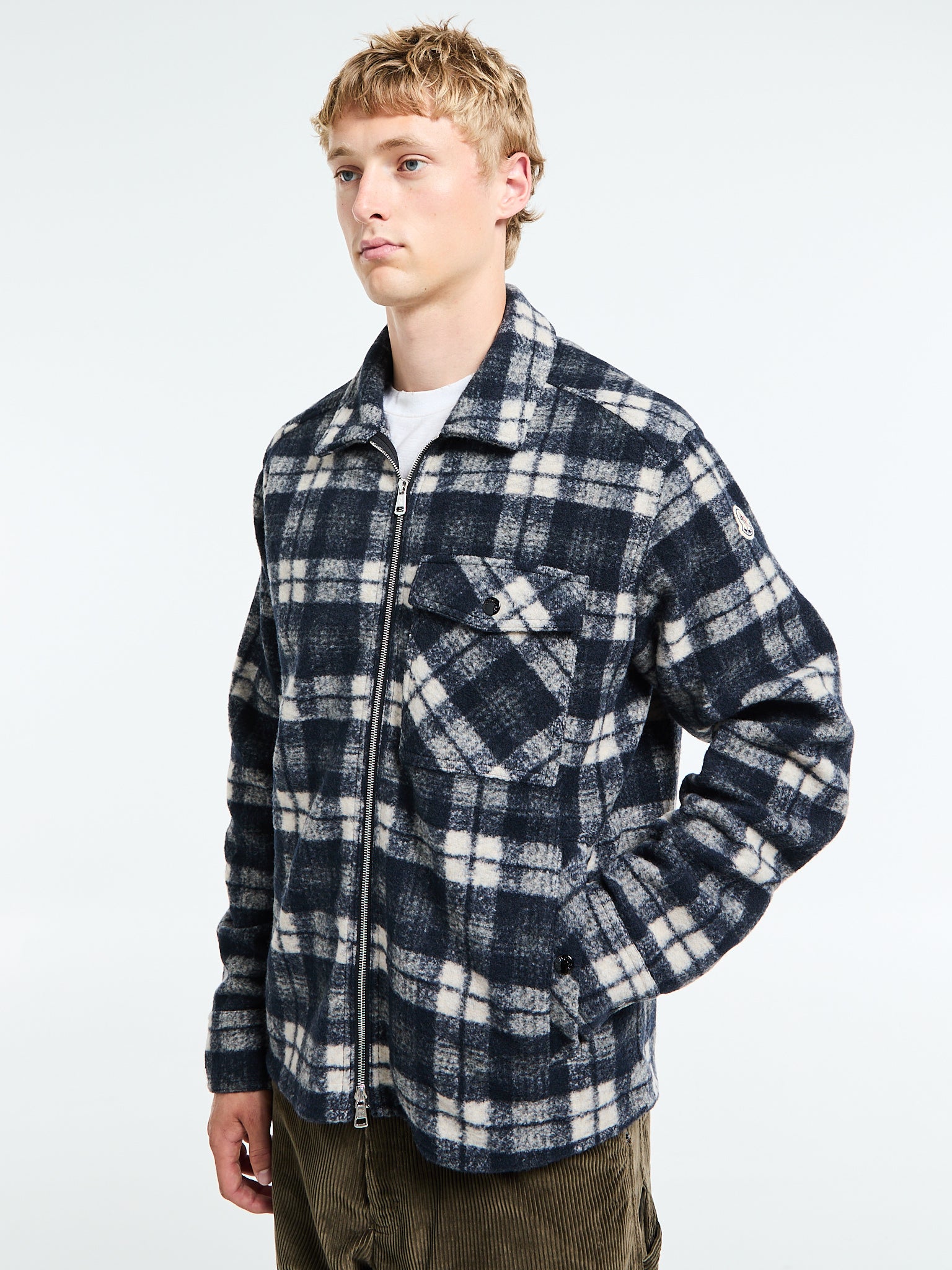Moncler - Long Sleeve Tartan Shirt in White and Blue