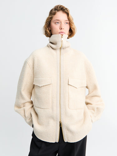 Bouclé Wool Blend Zip-Up Shirt in Light Beige