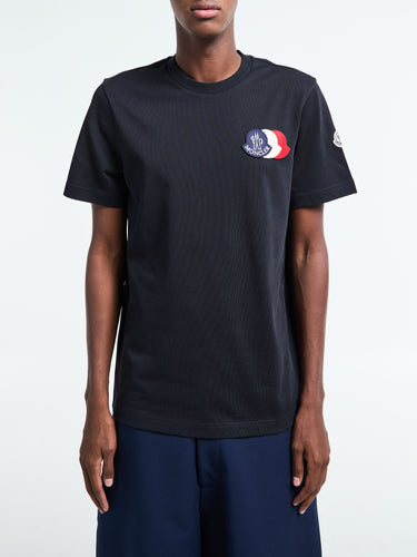 Embroidered Tricolour Logo Cotton T-Shirt in Navy Blue