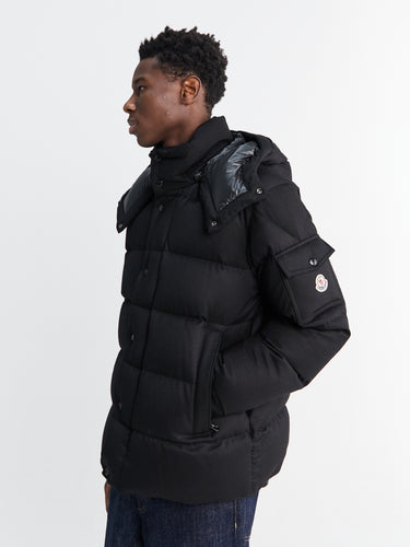 Maya 70 Hooded Wool Flannel Short Down Jacket in Black