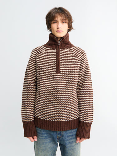 Studio Nicholson - Ribbed Zip Jumper in Chocolate Oatmeal Stripe