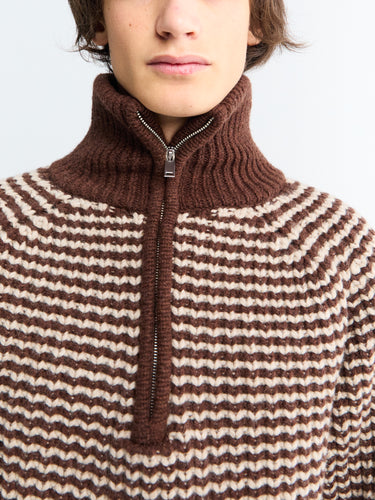 Studio Nicholson - Ribbed Zip Jumper in Chocolate Oatmeal Stripe