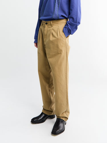 Double-Pleat Herringbone Pants in Khaki