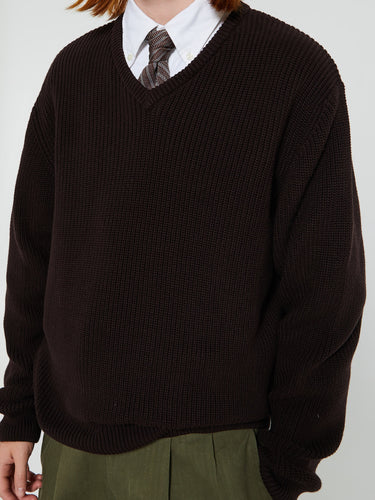 Noah - V-Neck Shaker Stitch Sweater in Brown