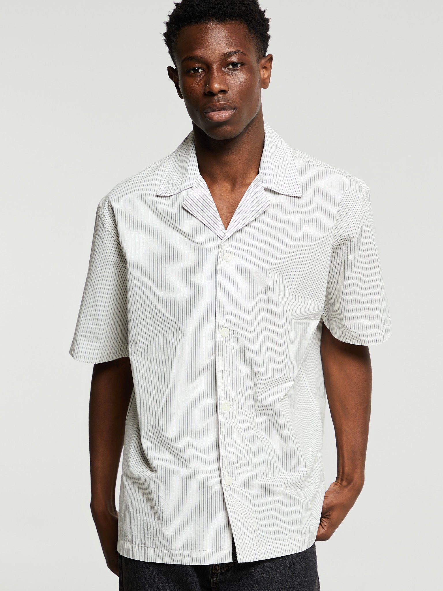 Norse Projects - Mads Poplin Stripe Shortsleeved Shirt in Ecru