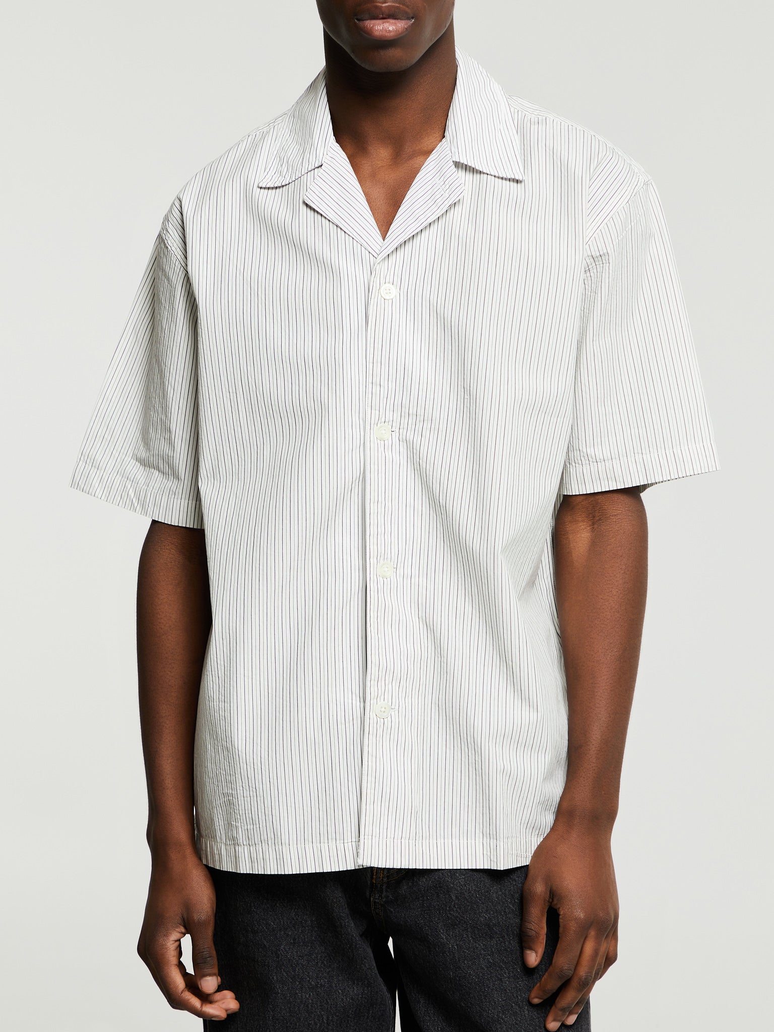 Norse Projects - Mads Poplin Stripe Shortsleeved Shirt in Ecru