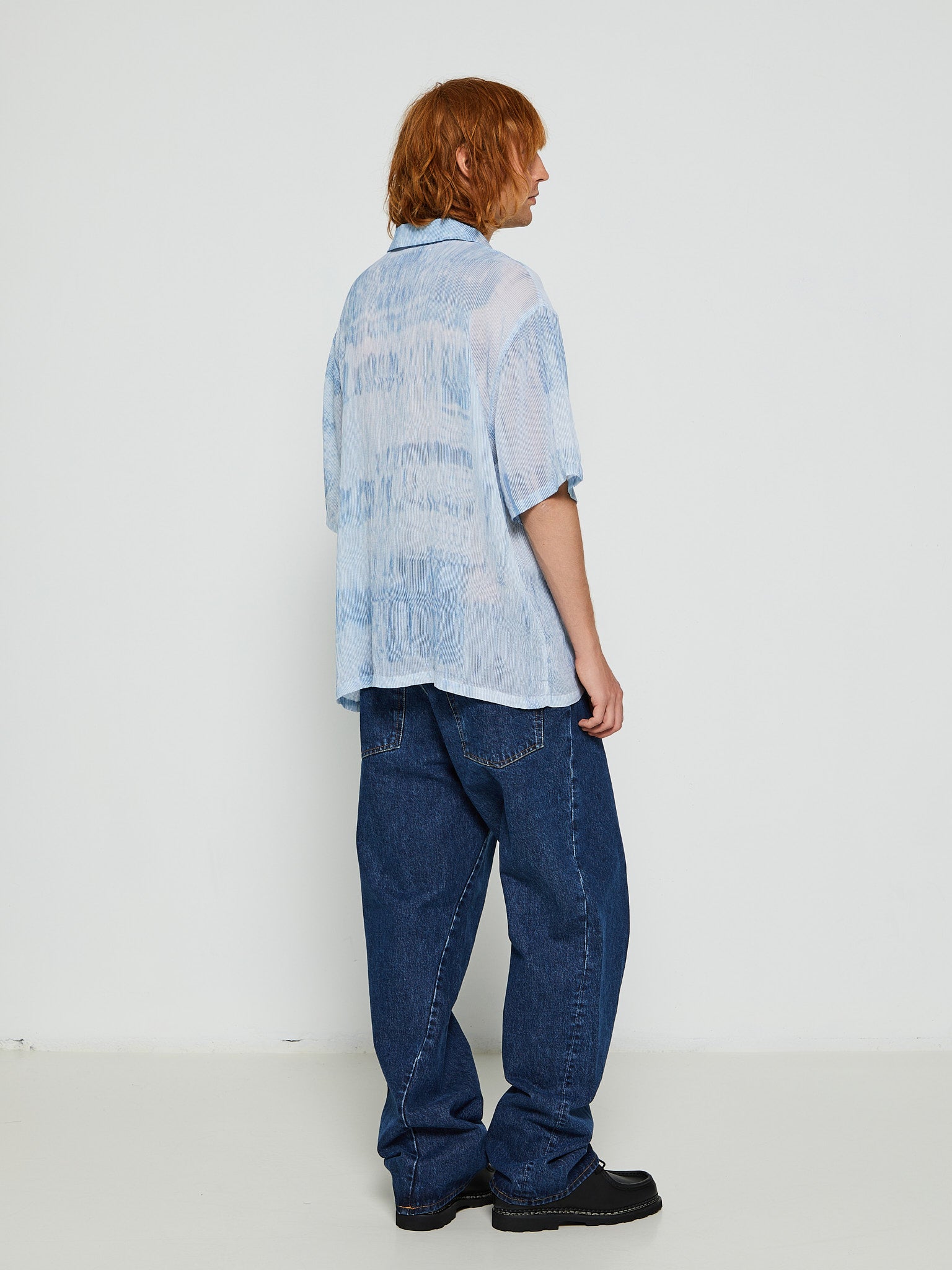 Short Sleeve Box Shirt in Blue Brush Stroke Print