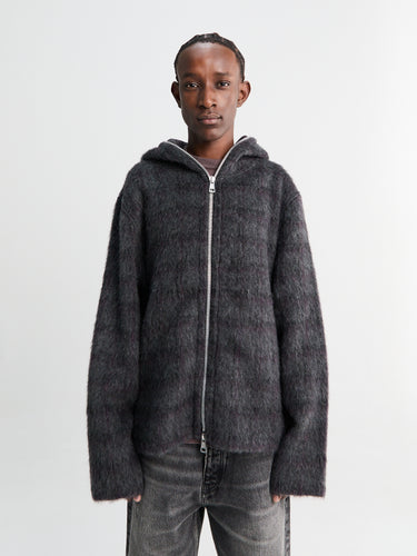 Full Zip Hood in Fuzzed Plum Check Hairy Wool