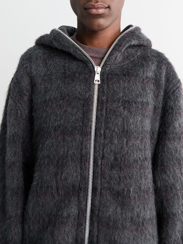 Full Zip Hood in Fuzzed Plum Check Hairy Wool