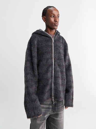 Full Zip Hood in Fuzzed Plum Check Hairy Wool