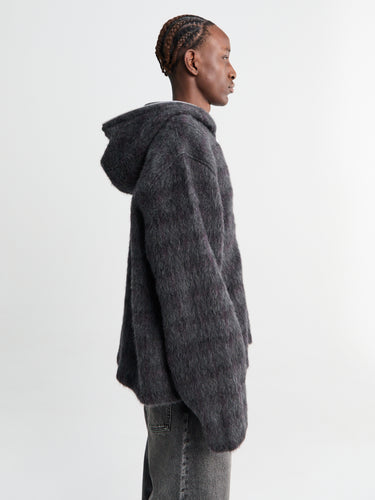 Full Zip Hood in Fuzzed Plum Check Hairy Wool