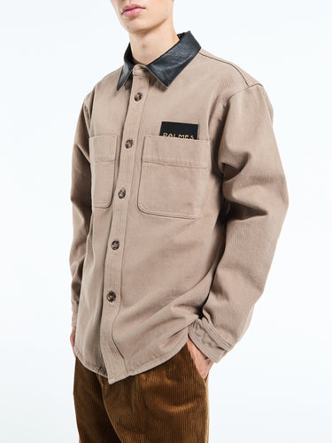 Palmes - Twill Leather Collar Overshirt in Fossil