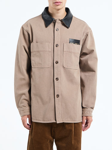 Palmes - Twill Leather Collar Overshirt in Fossil