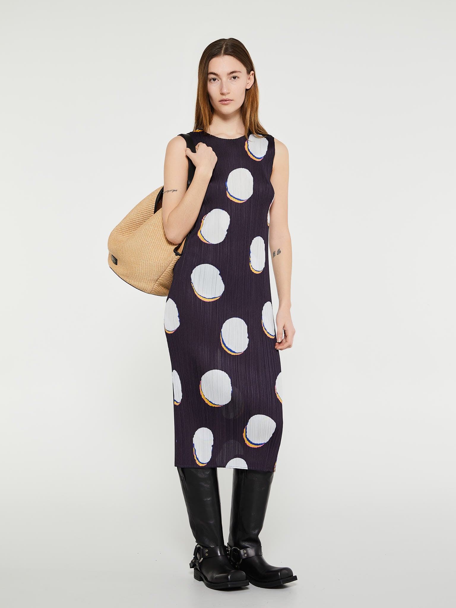 Bean Dots Pleated Dress in Navy and White