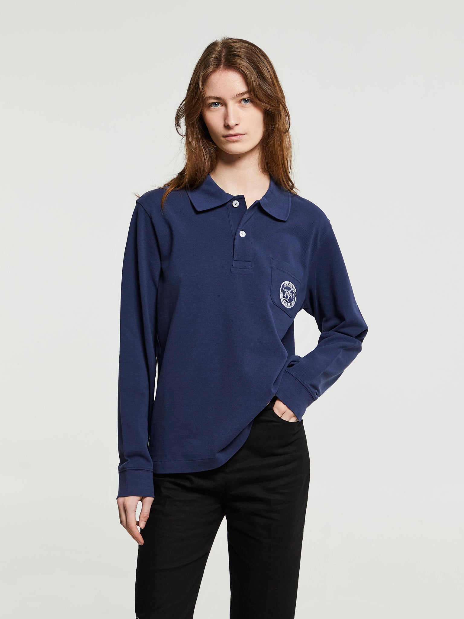 Sporty & Rich - Riding Club Longsleeve Pique Polo in Dark Navy