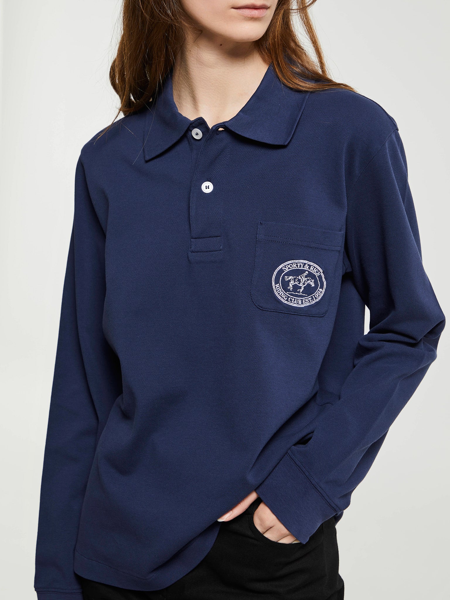 Sporty & Rich - Riding Club Longsleeve Pique Polo in Dark Navy