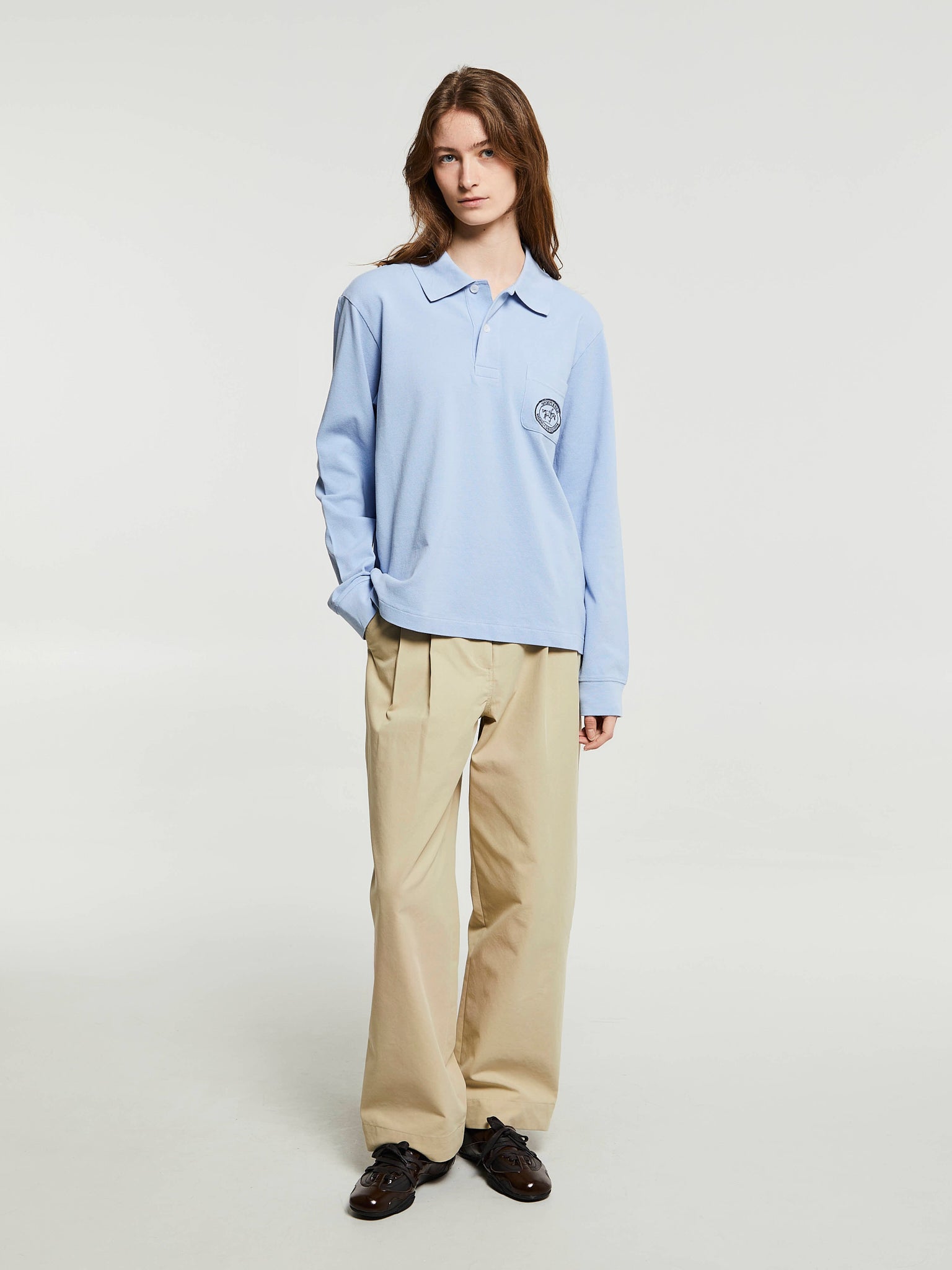 Sporty & Rich - Riding Club Longsleeve Pique Polo in Washed Hydrangea