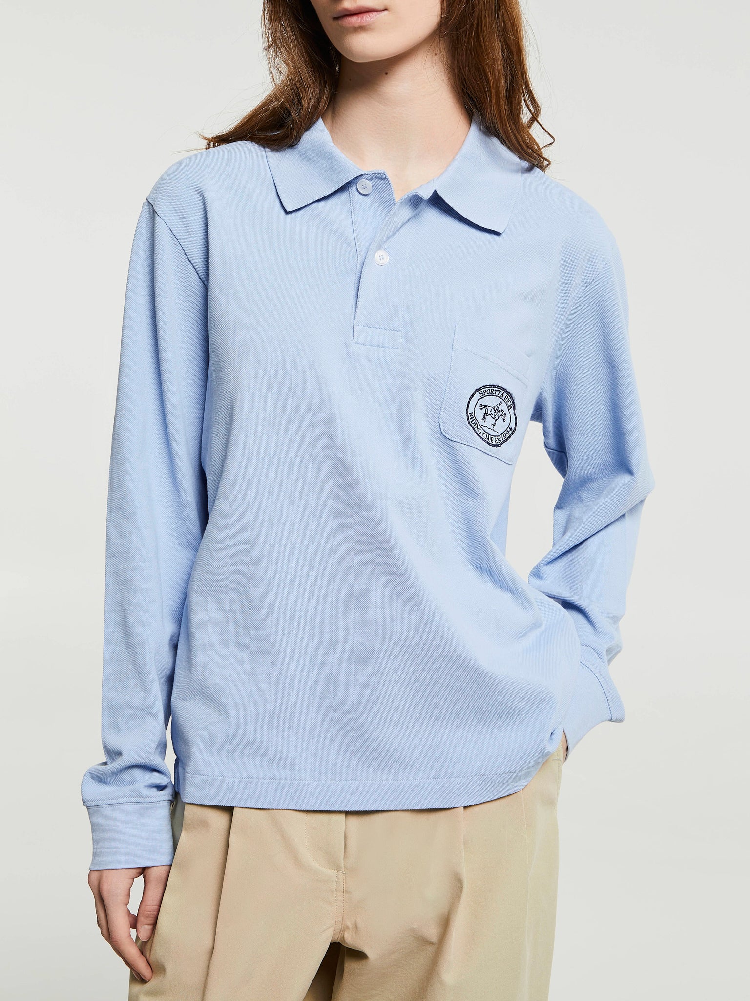 Sporty & Rich - Riding Club Longsleeve Pique Polo in Washed Hydrangea