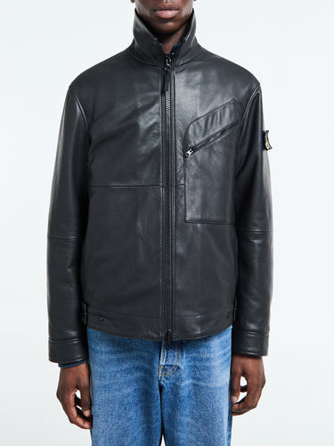 Stone Island - 0100002 Matt Grain Leather Coach jacket in Black