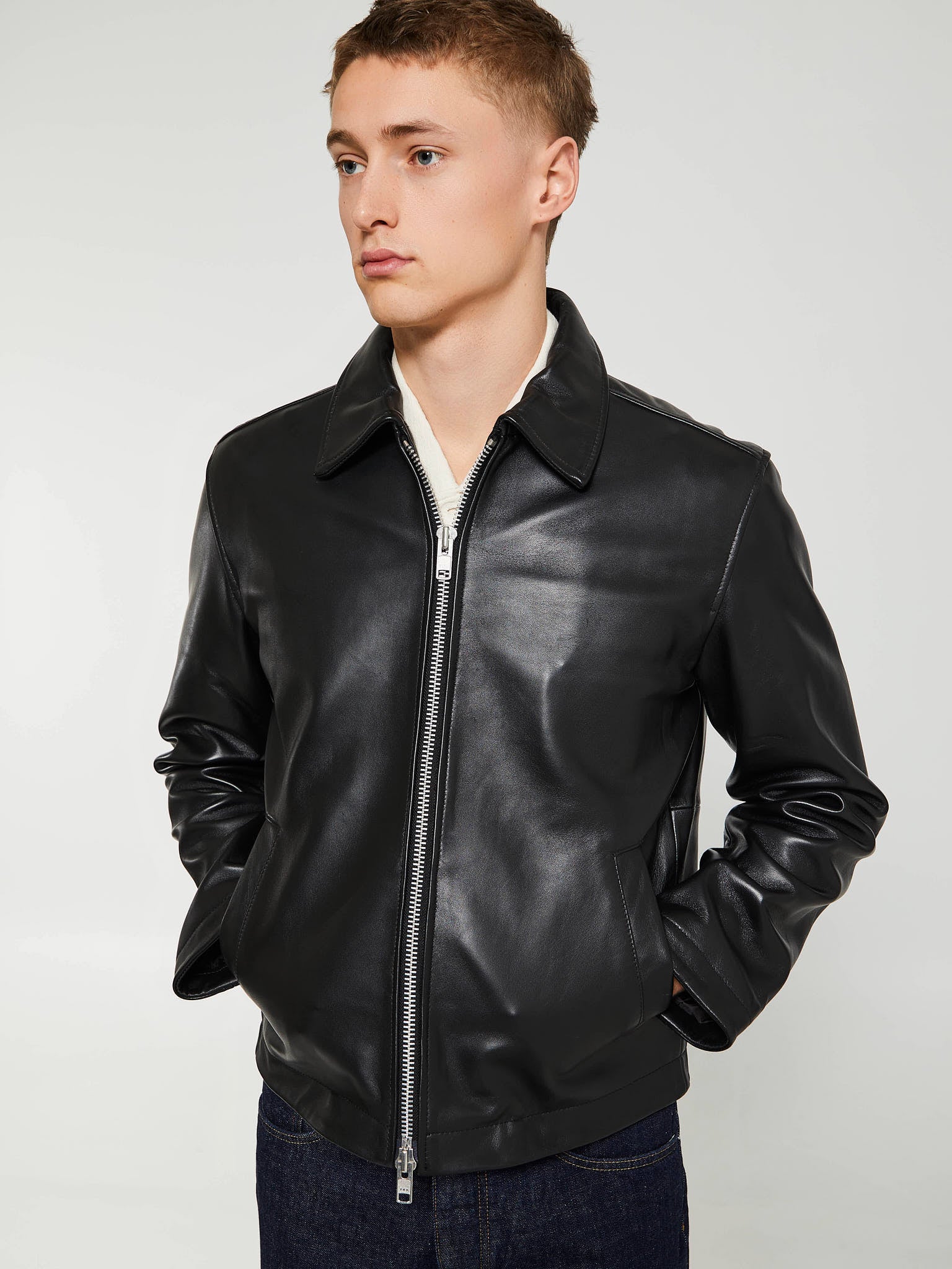 Sunflower - Short Leather Jacket in Black Shine