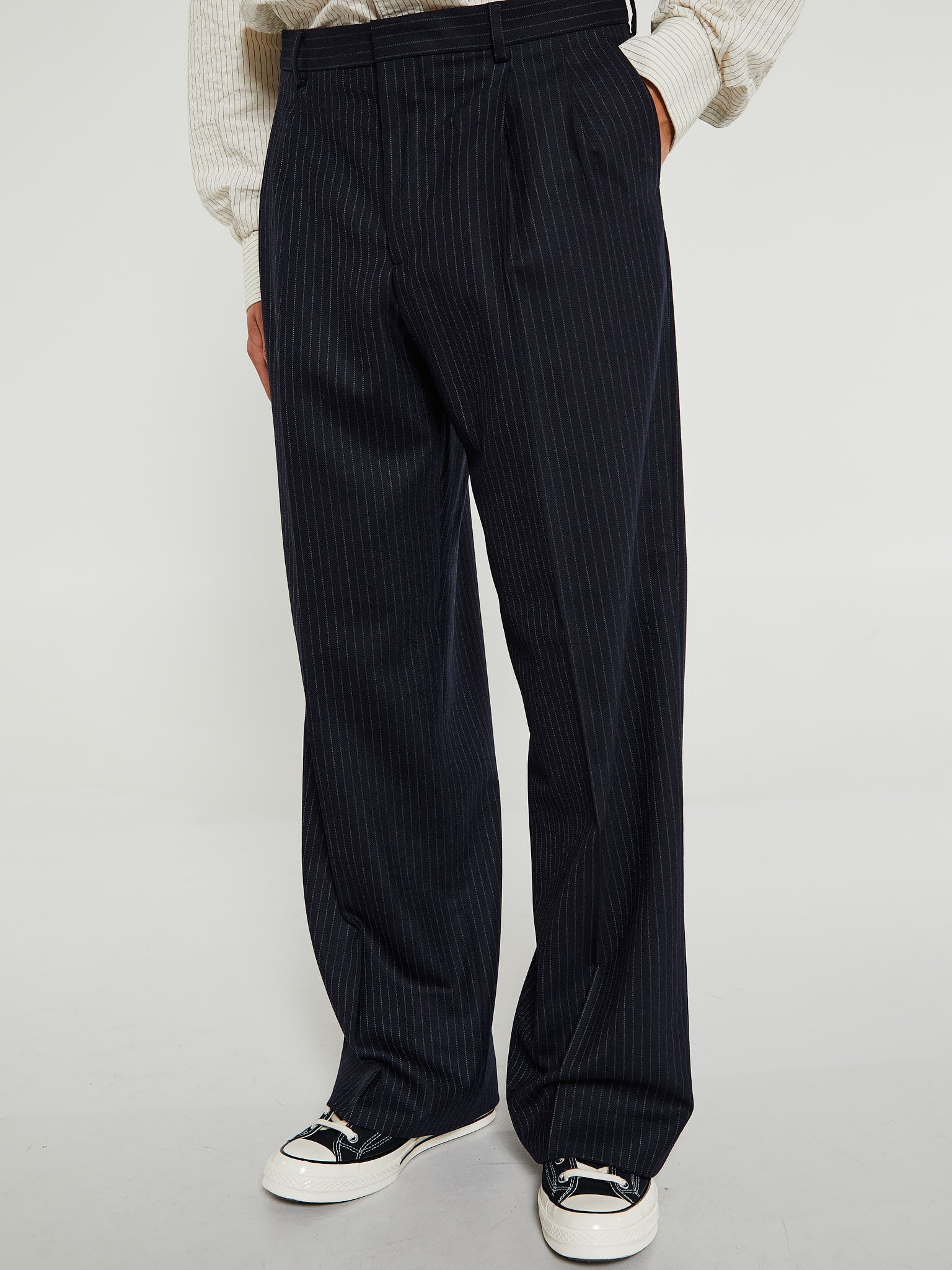 Sunflower - Wide Pleated Trousers in Navy Stripe