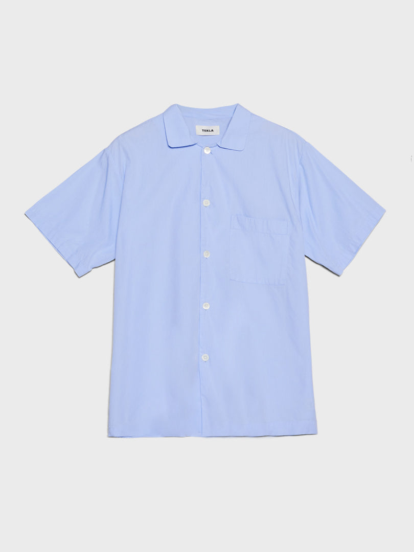 Tekla - Poplin Pyjamas Short Sleeve Shirt in Shirt Blue