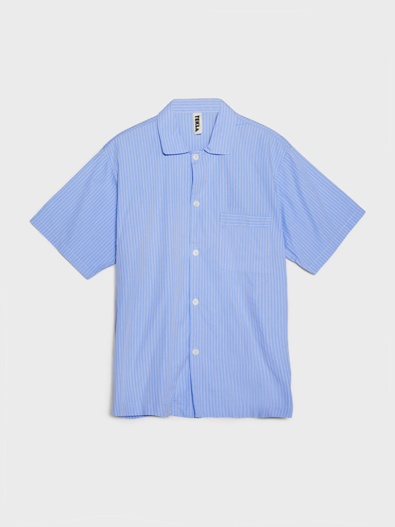 Tekla - Poplin Pyjamas Short Sleeve Shirt in Pin Stripes
