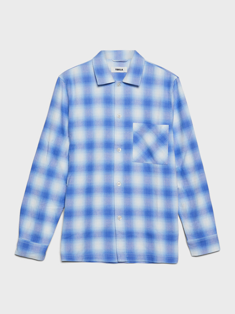 Tekla - Flannel Pyjamas Shirt in Light Blue Plaid