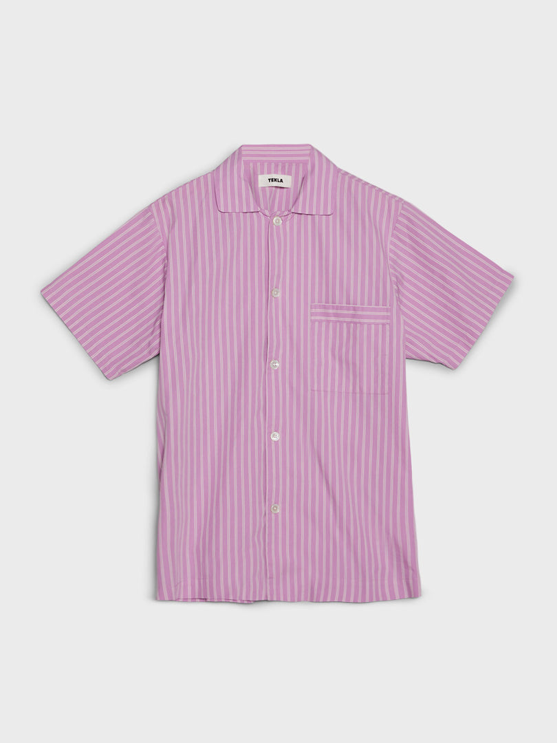 Tekla - Poplin Pyjamas Short Sleeve Shirt in Purple Pink Stripes