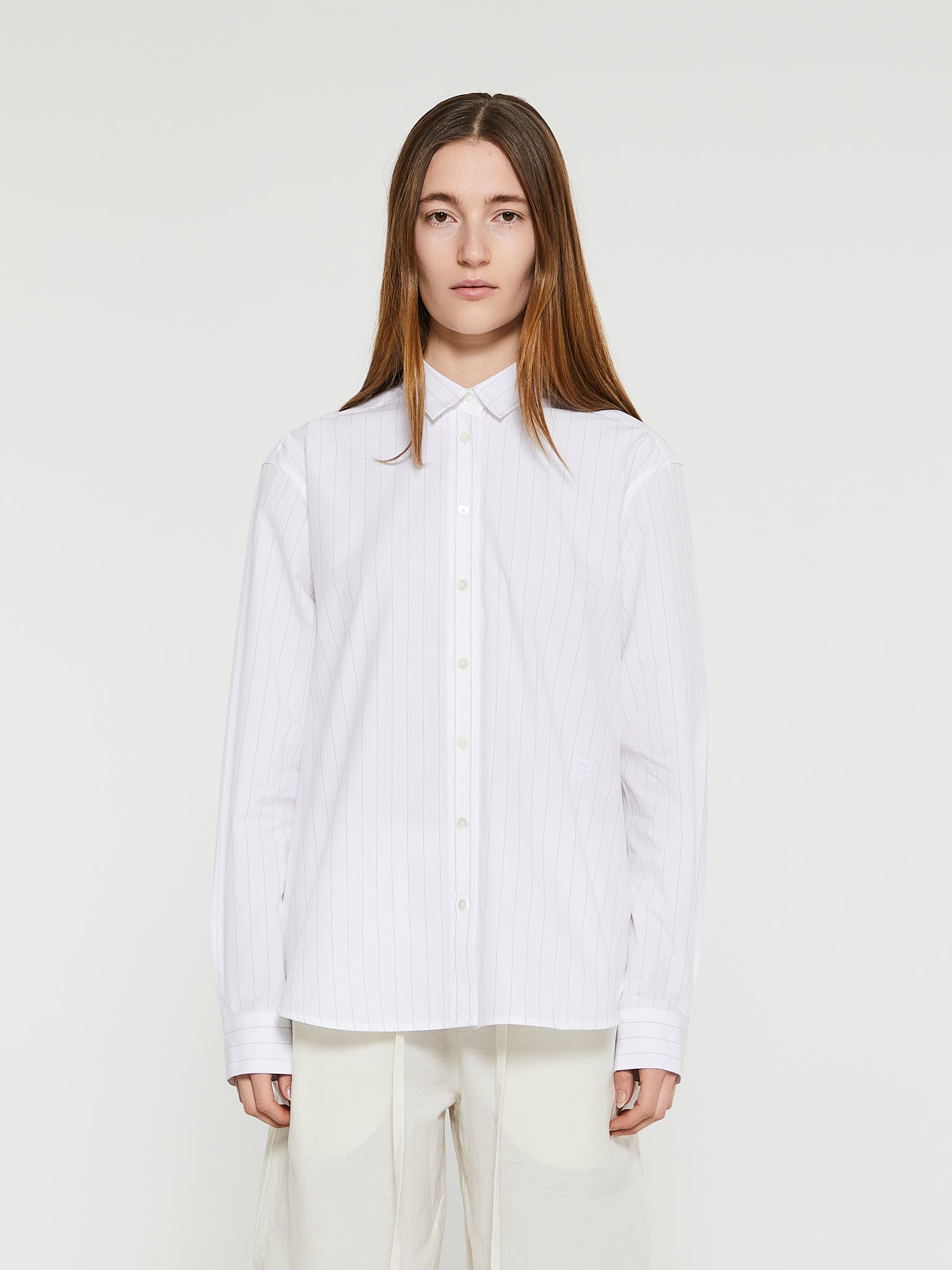 Toteme - Signature Cotton Shirt in White and Ochre Pinstripe