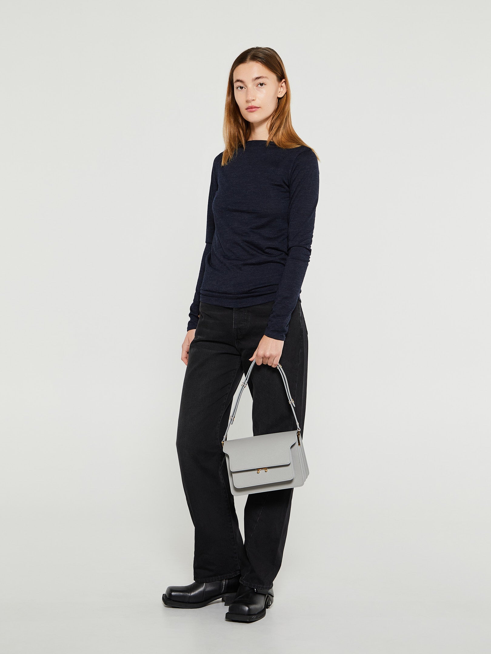 Long-Sleeve Boat Neck Top in Navy Melange