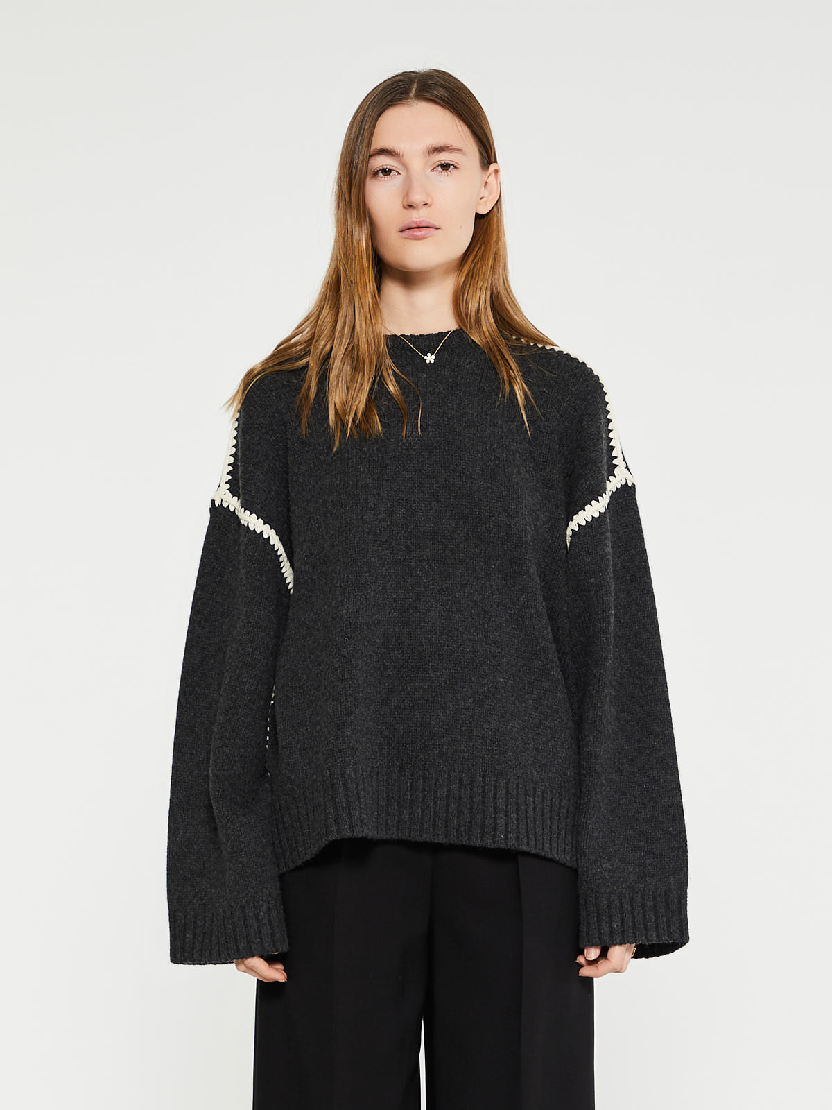 TOTEME - Embroidered Wool Cashmere Knit in Grey Melange
