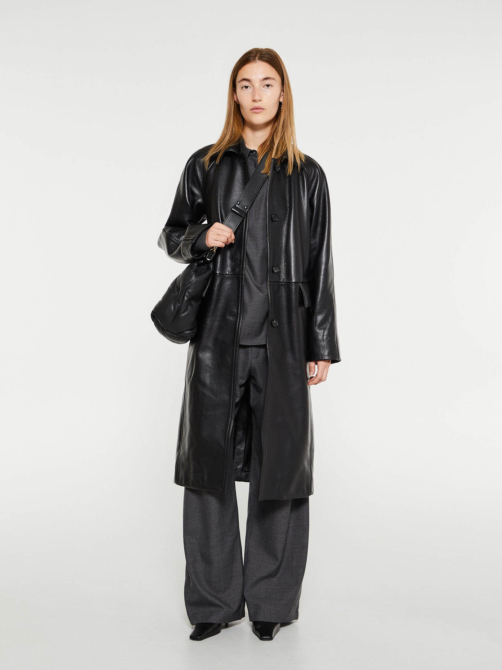 Raglan-Sleeve Leather Coat in Black