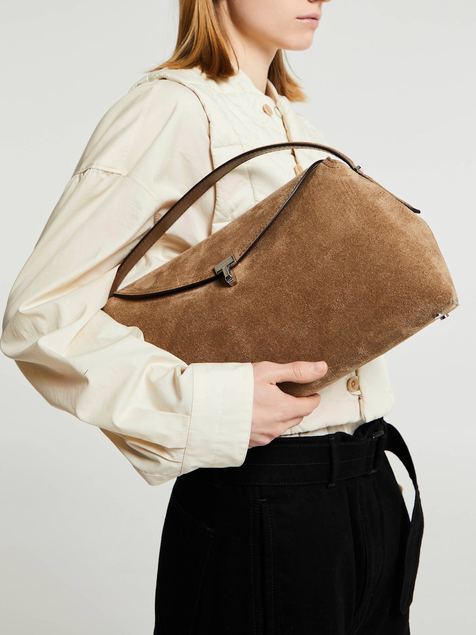 TOTEME - T-Lock Suede Top Handle Bag in Tobacco