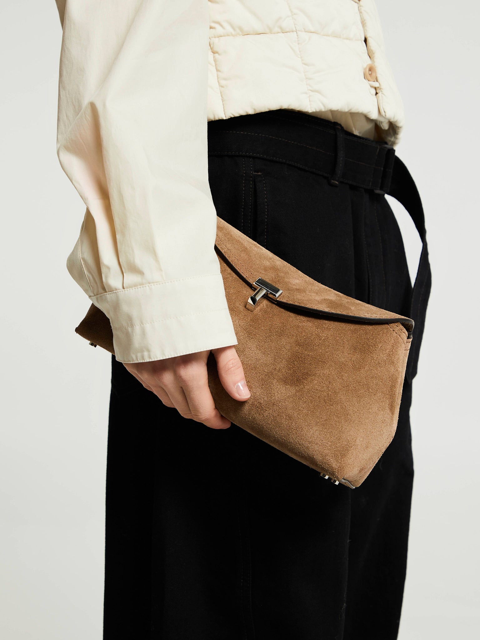 TOTEME - T-Lock Suede Clutch in Tobacco