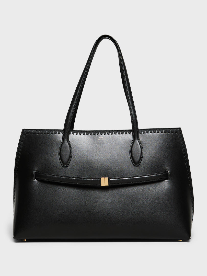 TOTEME - Embroidered Leather Lounge Tote Bag in Black