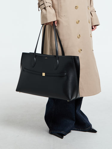 TOTEME - Embroidered Leather Lounge Tote Bag in Black