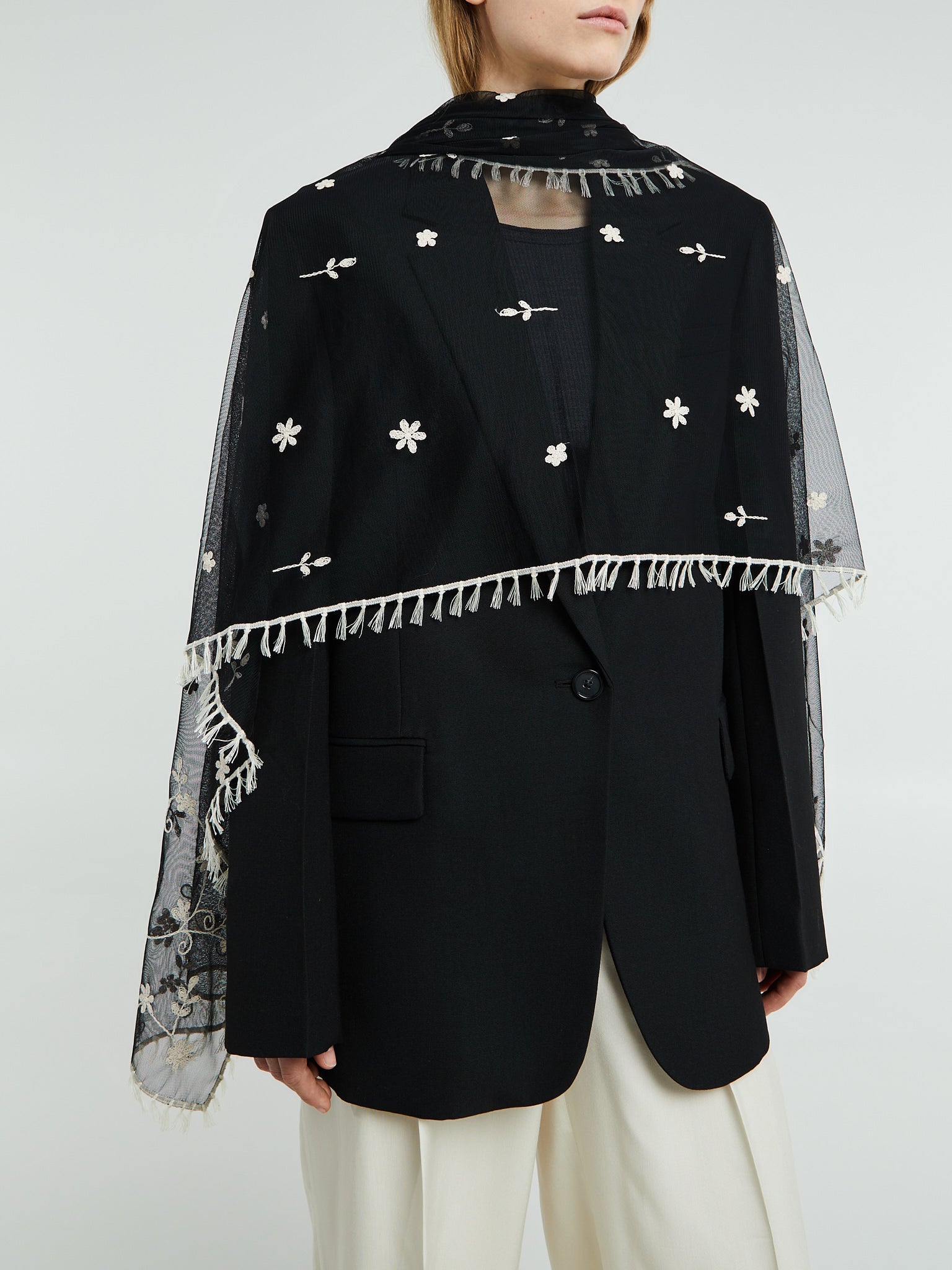 TOTEME - Floral Tulle Shawl in Black and White