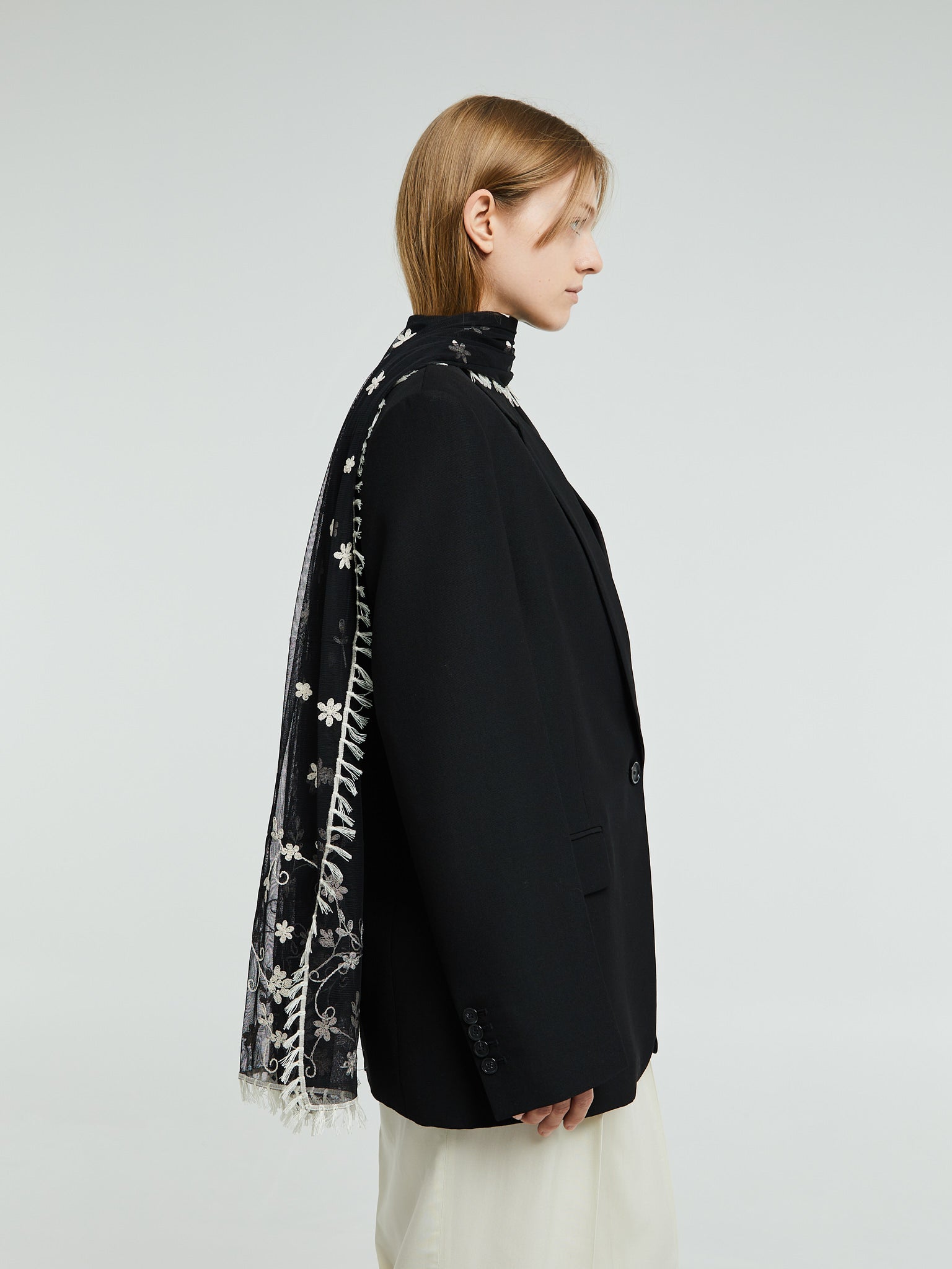 TOTEME - Floral Tulle Shawl in Black and White