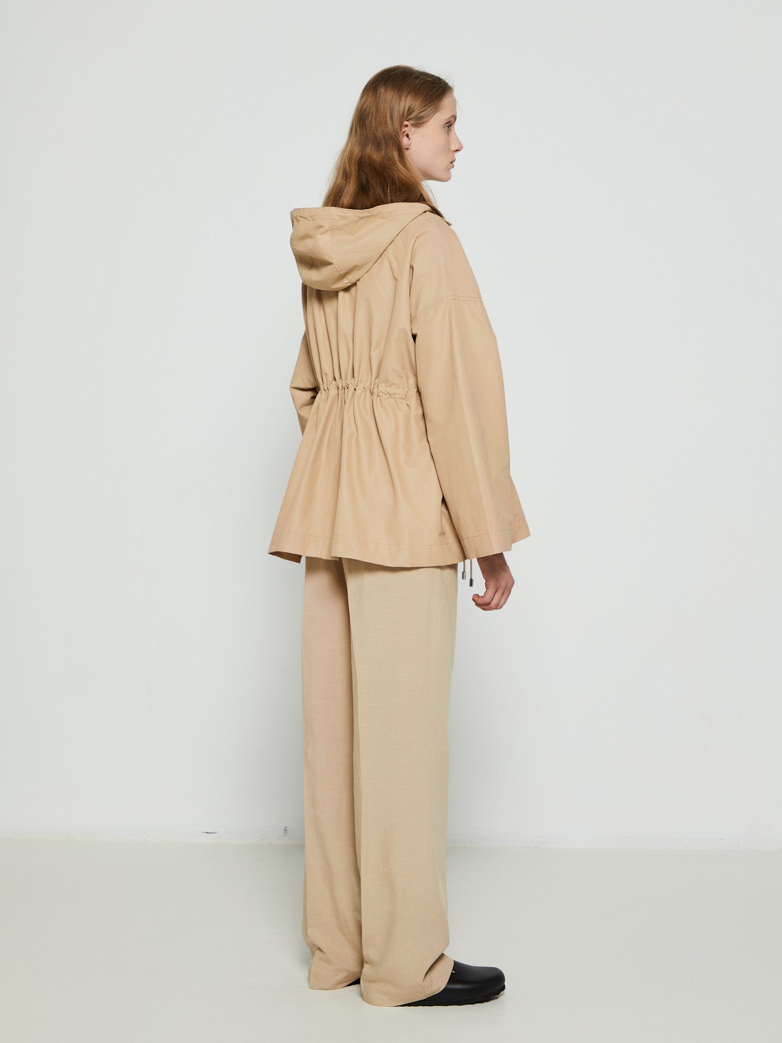 Hooded Cotton-Nylon Parka Jacket in Trench Beige