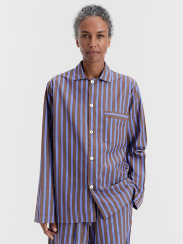 Tekla - Poplin Pyjamas Long Shirt in Chestnut Stripes
