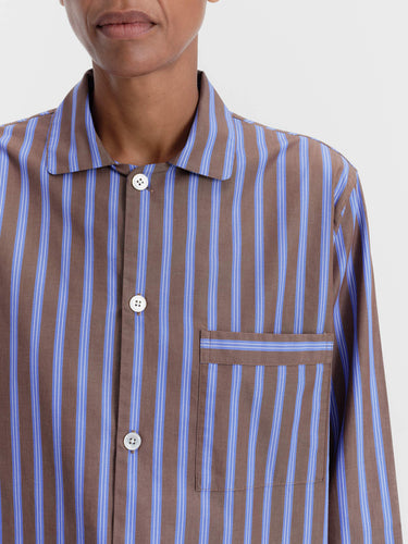 Tekla - Poplin Pyjamas Long Shirt in Chestnut Stripes