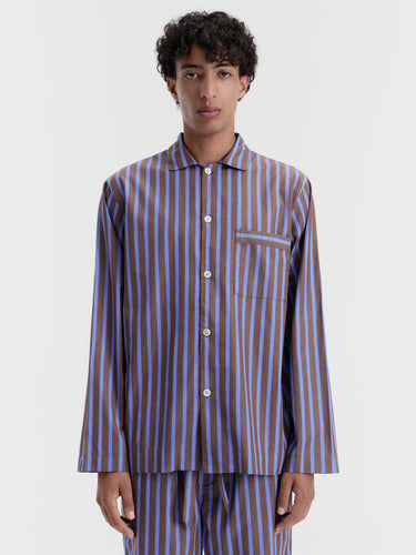 Tekla - Poplin Pyjamas Long Shirt in Chestnut Stripes