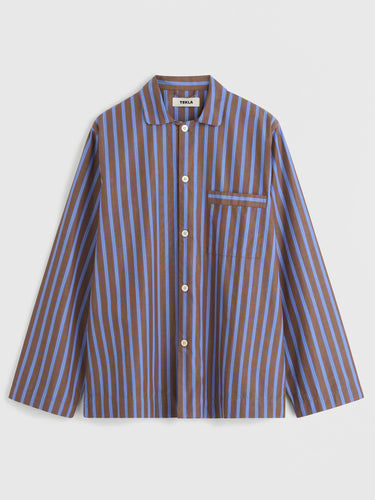 Tekla - Poplin Pyjamas Long Shirt in Chestnut Stripes