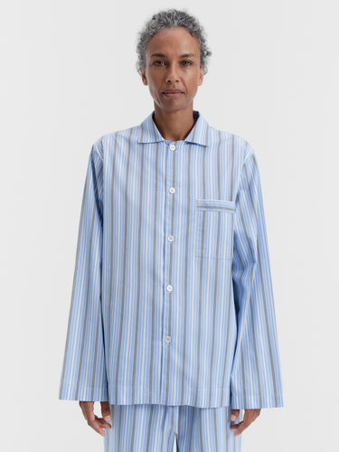 Tekla - Poplin Pyjamas Long Shirt in Stave Stripes