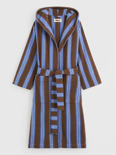 Tekla - Hooded Bathrobe in Chestnut Stripes