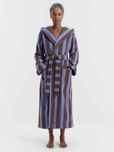Tekla - Hooded Bathrobe in Chestnut Stripes