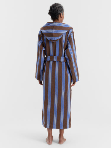 Tekla - Hooded Bathrobe in Chestnut Stripes