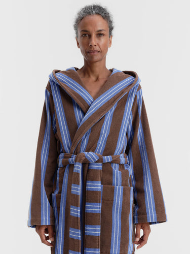 Tekla - Hooded Bathrobe in Chestnut Stripes