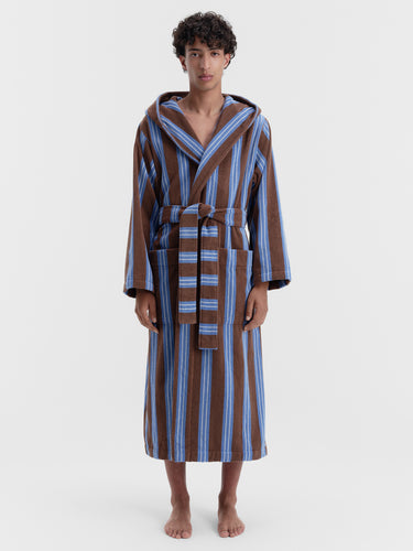 Tekla - Hooded Bathrobe in Chestnut Stripes